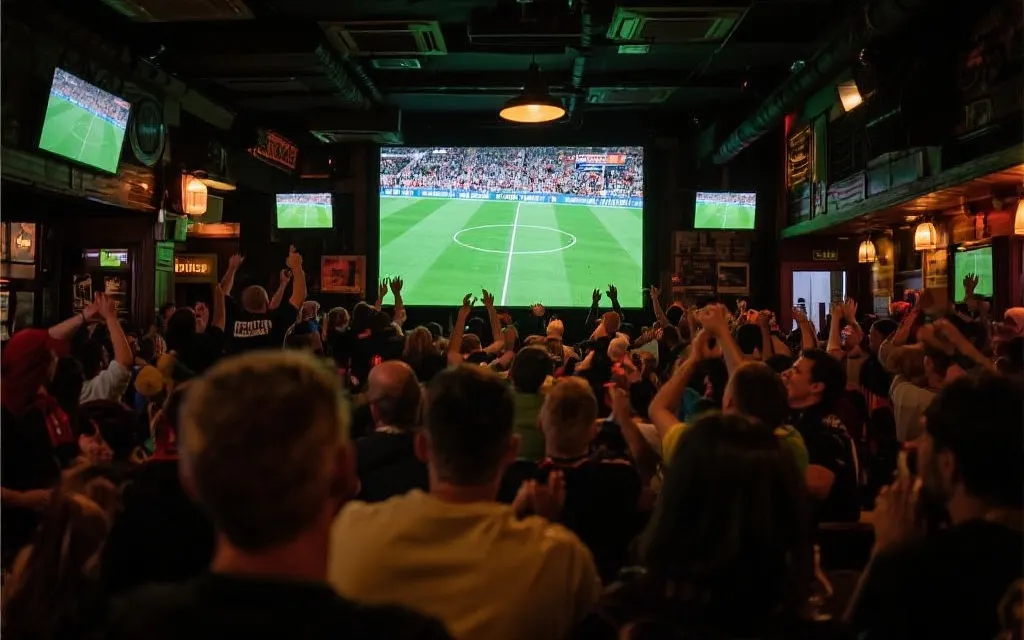 体育酒吧里球迷围看大屏幕，强强对话氛围，灯光与人群情绪高涨